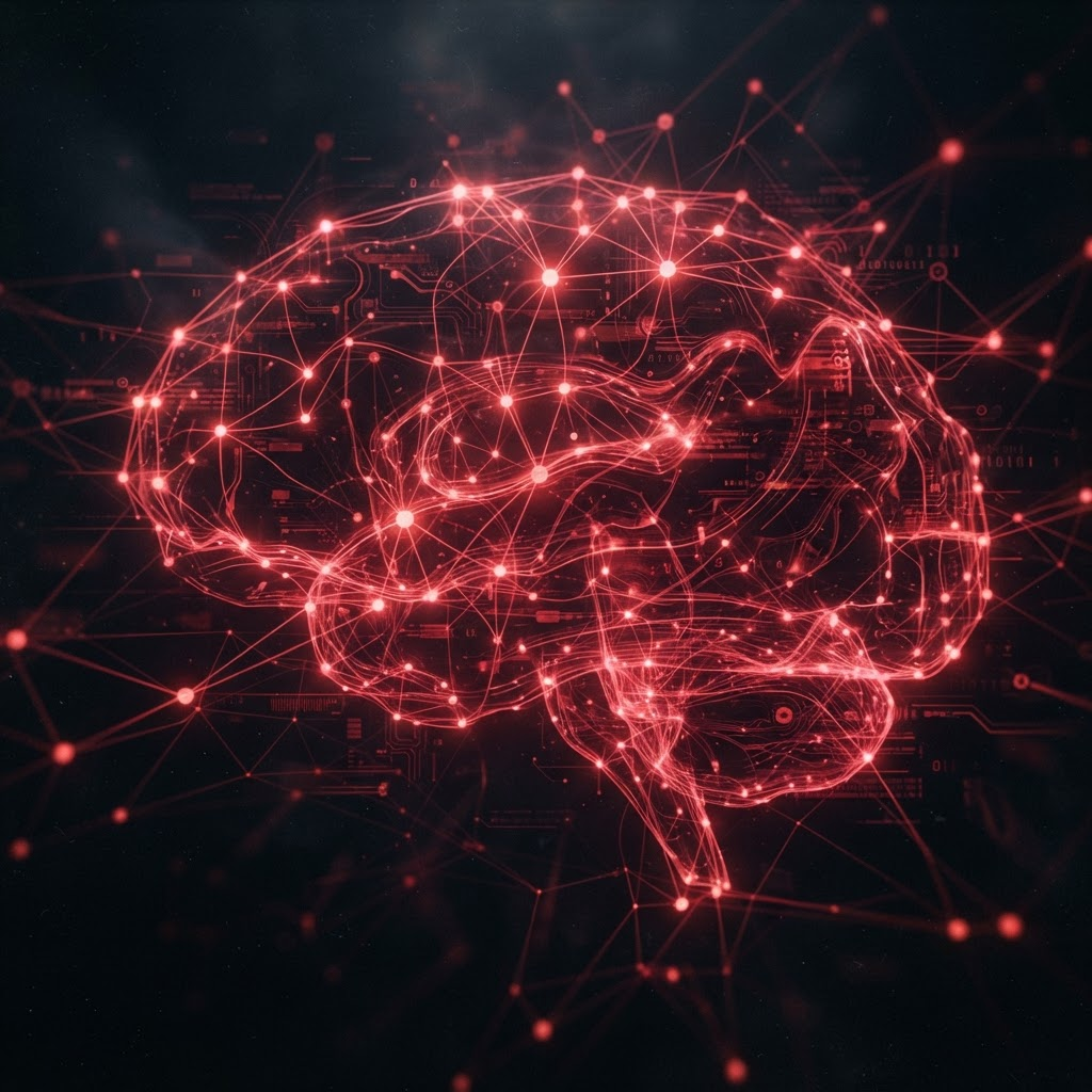 Editorial illustration of a glowing red brain formed from interconnected nodes and circuits against a dark background