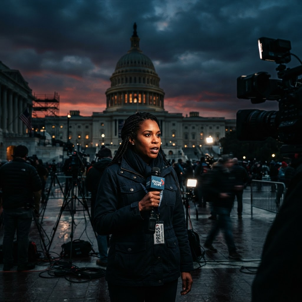 Editorial illustration of a reporter holding a microphone outside the U.S. Capitol, surrounded by news cameras at dusk
