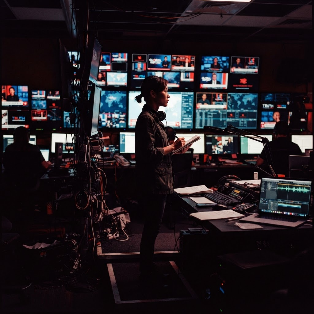 Editorial illustration of a journalist taking notes in a broadcast control room filled with news monitors