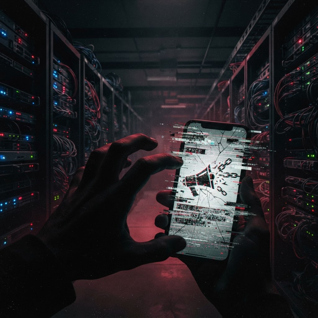Editorial illustration of hands holding a cracked smartphone displaying a distorted megaphone between rows of server racks