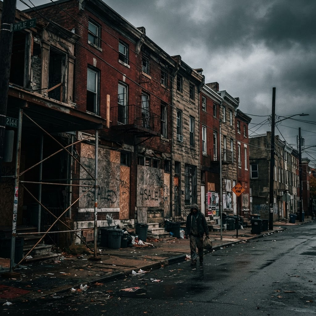 Editorial illustration of boarded-up brick row houses and a pedestrian on a rain-soaked neighborhood street