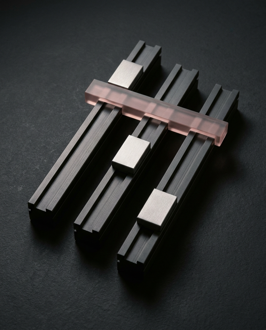 Graphite rails joined by a rose-lit glass crossbeam, a conceptual illustration of coordinated campaign work