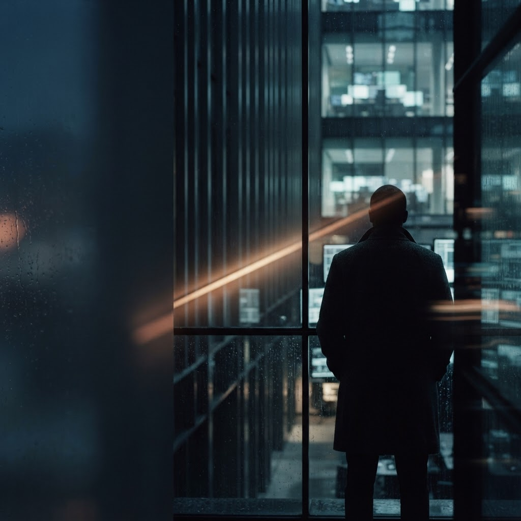 A silhouetted figure overlooking city office buildings through a rain-streaked window, crossed by warm reflections of light